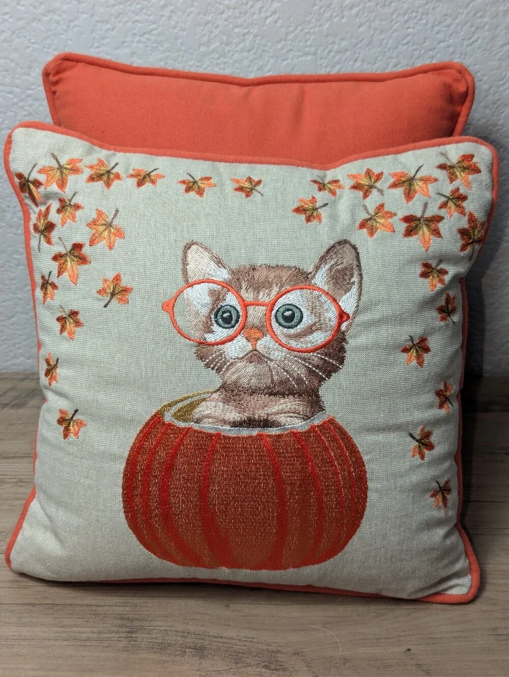 Pier 1 Imports Harvest Cat in Pumpkin Embroidered Throw Pillows - Set of 2